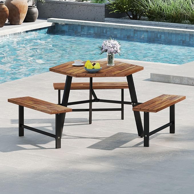 Giantex Picnic Table Bench Set for 6, Acacia Wood Outdoor Dining Table Set with 3 Seats, 1.97" Umbrella Hole, 1720 LBS Capacity, Heavy Duty Metal Frame, for Front Porch Patio Lawn Garden