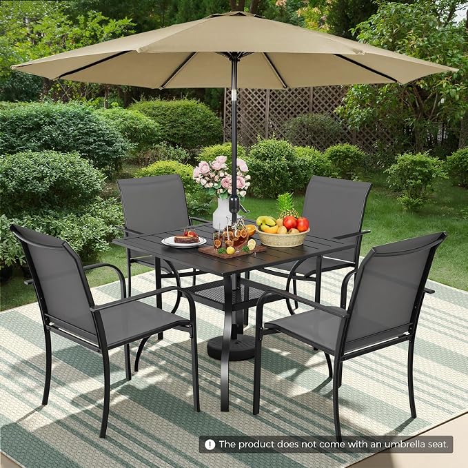 5-Piece Patio Dining Set with Umbrella,4 Person Outdoor Table and Chairs Set, 4 Metal Dining Chairs and Square Outdoor Table with 1.57" Umbrella Hole,Grey