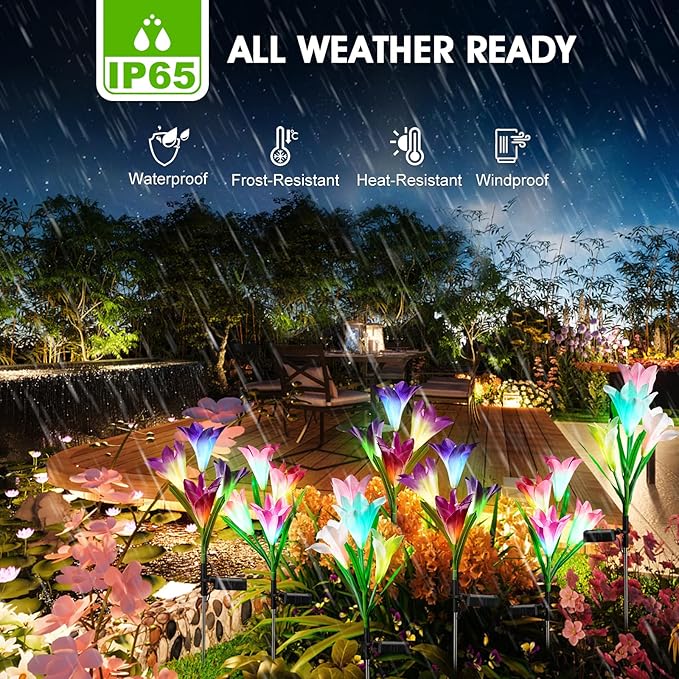 10 Pack Solar Garden Lights Outdoor, 7 Color Changing LED Waterproof Solar Powered Lily Flowers Landscape Lights for Outside Yard, Patio, Pathway Decorative, Décor