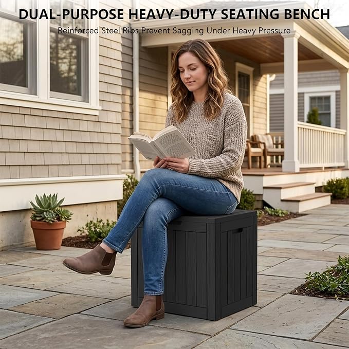 Outdoor Storage Box, 35 Gallon Waterproof Deck Box [Upgraded 3.0], Quick Snap-Lock Resin Cabinet for Seat Pillows, Patio Blankets, Lockable End Table Beverage Stand, Apartment Deck, Black