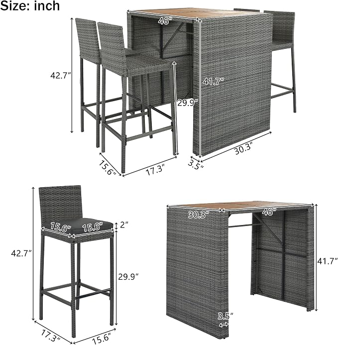 5 piece Patio Wicker Bar Set for 4, Outdoor Bar Height Table & 4 Rattan Cushioned Stool Chairs with Non-Slip Feet and Fixed Rope, Acacia Wood Table Top, Space Saving Design, Gray