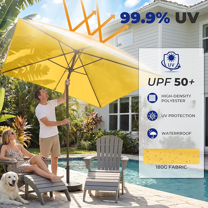 BRIOPAWS 6.5X10 FT Rectangular Patio Umbrella with Base Included | Rectangle Outdoor Umbrellas | 6 Sturdy Steel Ribs | Push Button Tilt & Crank | Heavy Duty for Garden Lawn Deck Backyard Pool |