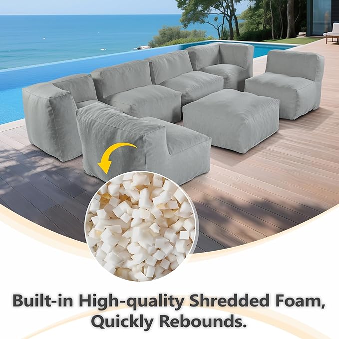 Patio Furniture Set, 7 Pcs Outdoor Conversation Set with Bean Bag Middle Chairs, Corner Chair, Ottomans, Modern Foam Couch Set for Garden, Deck, Balcony (7, Light Gray)