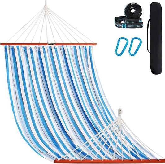 Lazy Daze Hammocks Cotton Fabric Double Hammock with 55" Spreader Bar, Portable Camping Hammock with Carrying Bag & Tree Straps for Patio, Backyard, Balcony, 450lbs Capacity, Blue & White