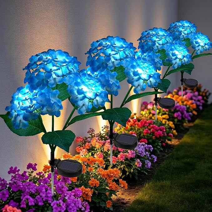 Solar Path Lights Outdoor 4 Pack, LED Blue Hydrangea Flower Decor, Waterproof Auto On/Off, Bigger Solar Panel for Yard, Patio, Garden Walkway Decoration Gift for Mom (Blue)
