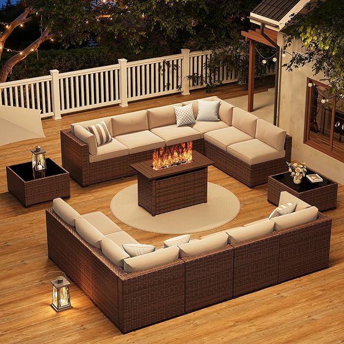 LazySunsets 15-Piece Patio Furniture Set with 44" Fire Pit Table, Wicker Outdoor Furniture, Patio Conversation Sets with Coffee Table, Outdoor Sectional Couch with Waterproof Cover, Beige