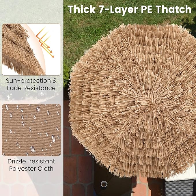 Tangkula 7.2Ft Tiki Patio Umbrella, Hawaiian Style Outdoor PE Grass Umbrella with Tilt Adjustment, 8 Ribs, Portable Thatched Beach Umbrella for Garden, Yard, Poolside