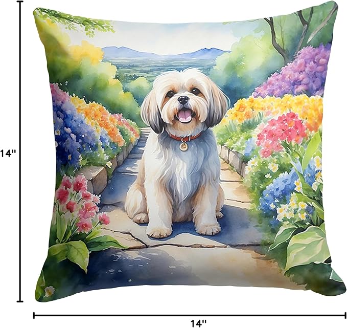 Caroline's Treasures Lhasa Apso Spring Path Throw Pillow Machine Washable, Indoor Outdoor Decorative Pillow for Couch, Bed or Patio, 14Hx14W