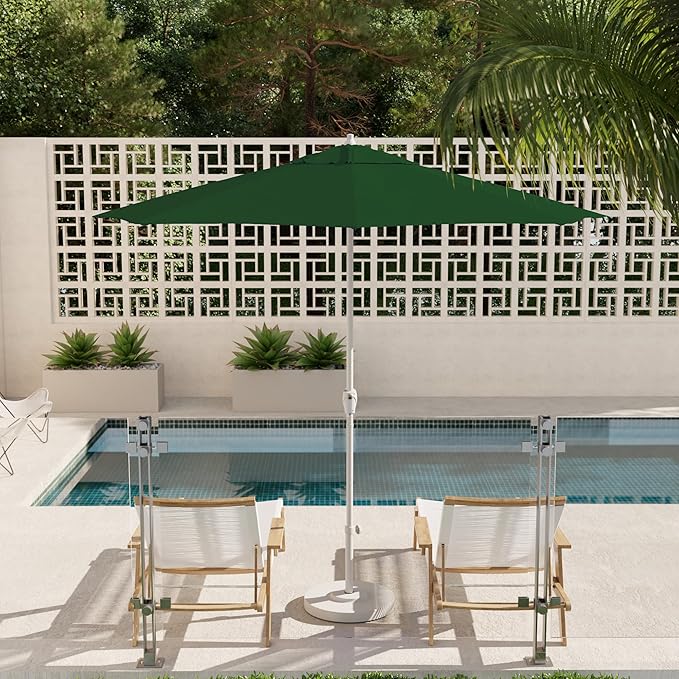 California Umbrella 12-Year Protection 9' Rd Aluminum Patio Umbrella, Crank Lift, Auto Tilt, White Finish, Sunbrella Forest Green