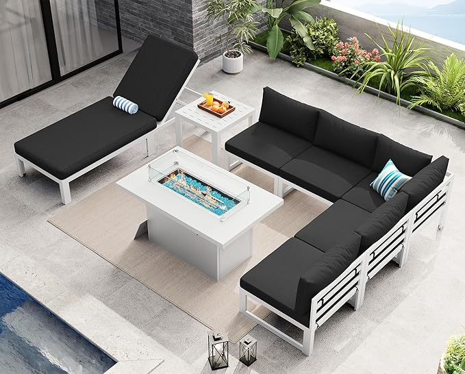 NICESOUL 6 People Large Luxury Aluminum Patio Conversation Set with Lounge & Fire Pit Table, 29" Deep Wide Modular Sectional Couch, 500 lbs Heavy Duty All Weather Outdoor Sofa for Poolside Deck, Black