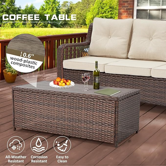 6 Pieces Wicker Patio Furniture Set Conversations Sets, 2 Outdoor 360° Swivel Chairs, Patio Swivel Chair with Table and Ottoman for Garden, Poolside, Backyard (Beige)