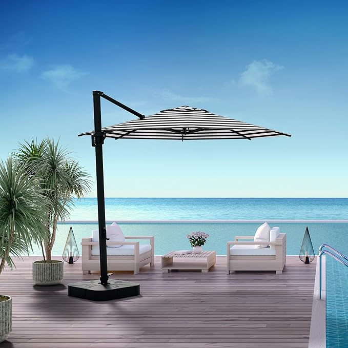 Midtown Umbrellas 10 Ft Outdoor Cantilever Patio Umbrella w/Terylast Black & White Stripes - Tilt 360° Offset Patio Umbrella, Deck Patio Umbrella, Backyard Umbrella & Garden Umbrella - Black Frame