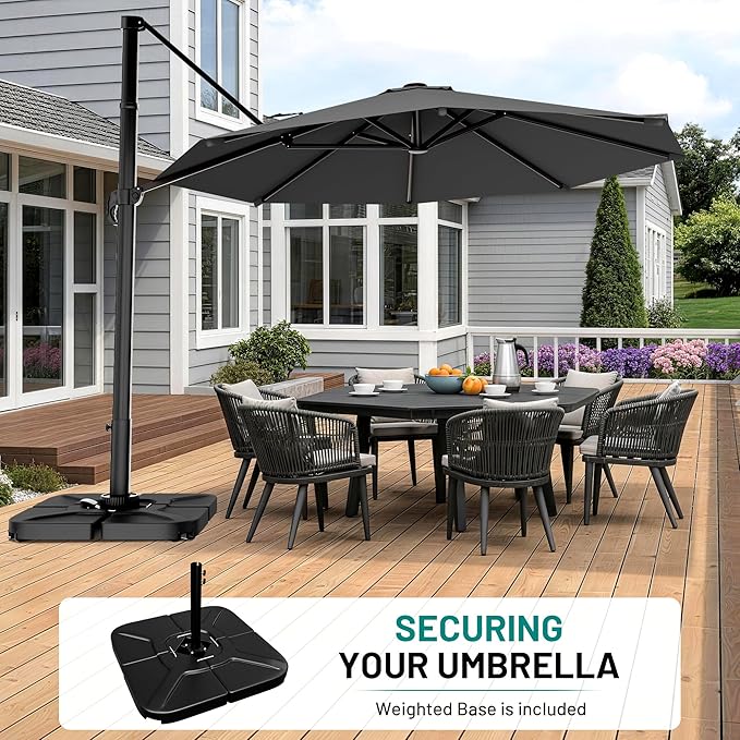 AreShark 11FT Round Cantilever Patio Umbrella with Base Included, 360° Rotation Offset Outdoor Umbrella, 5 Tilt Settings Heavy Duty Hanging Parasol for Deck Garden Pool, Grey