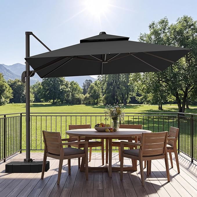 GENTEACO 10X10 FT Cantilever Umbrella with Base Included, Large Offset Patio Umbrella with Double Top, 6 Angle Tilts & 360° Rotation, Large Square Sun Umbrellas for Outdoor Pool Market, Black
