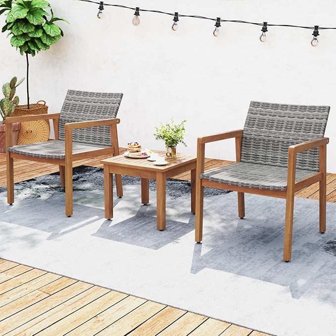 HAPPYGRILL 3 Pieces Patio Furniture Set, PE Rattan Patio Bistro Set with Chairs & Coffee Table, Outdoor Acacia Wood Conversation Set for Garden, Backyard, Poolside & Porch