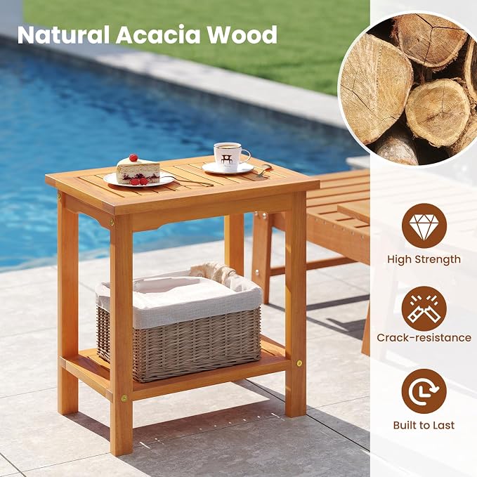 Tangkula Outdoor Side Table, 2-Tier Patio End Table with Slatted Tabletop & Storage Shelf, Acacia Wood Accent Bistro Table for Backyard, Poolside, Garden, Indoor, Natural (2)