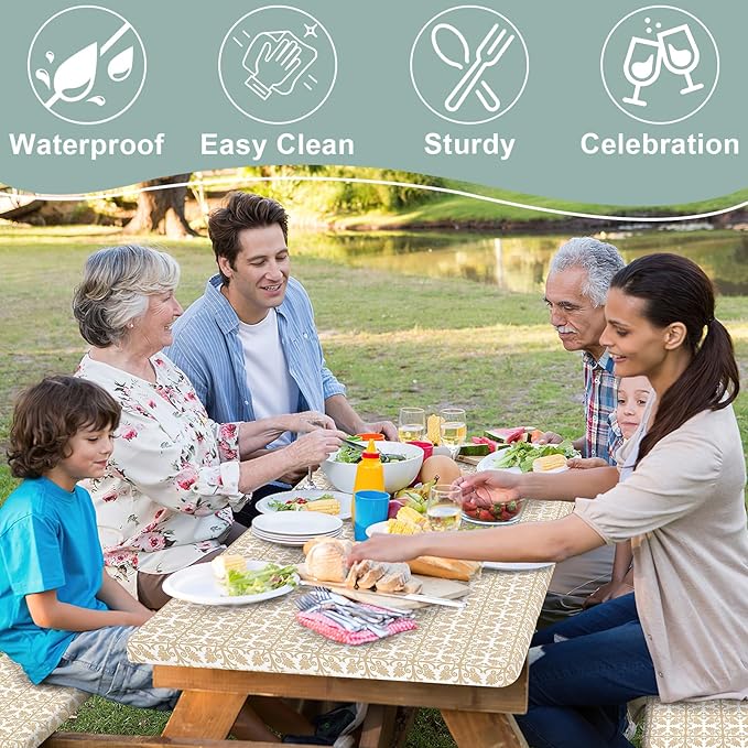 misaya Picnic Table Cover with Bench Cover, Waterproof Elastic Fitted Tablecloth for 8 Foot Tables, Rectangle Washable Polyester Tablecloths for Picnic, Camping, Outdoor (Khaki, 30" x 96")
