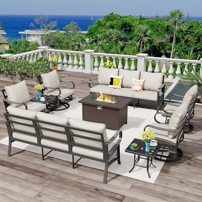9 Piece Patio Furniture Set, 4 Single Swivel Chairs, Rope Braided Exposed with Thick Cushions, Outdoor All Weather Patio Conversation Sectional Sofa Set for Garden, Porch, Lawn, Beige