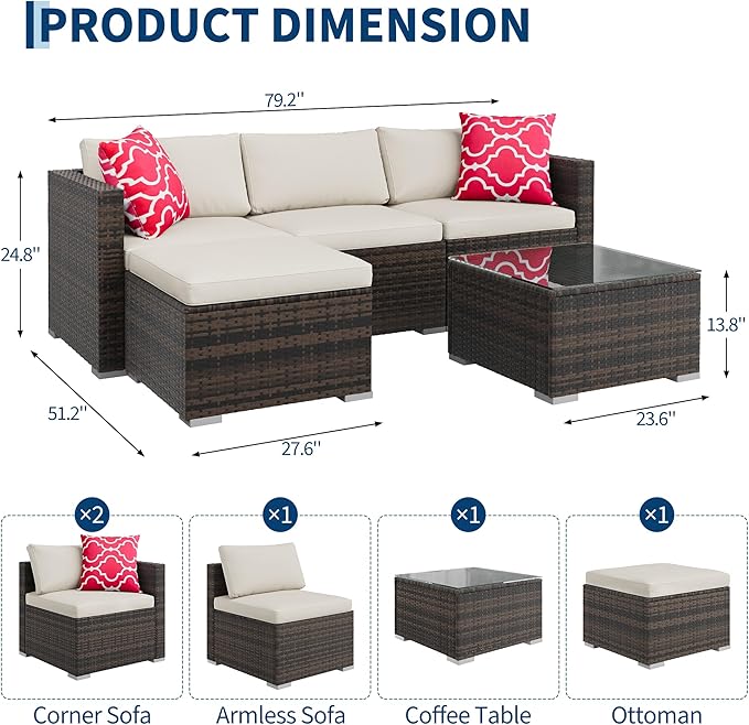 5-Piece Outdoor Sectional Sofa Set, All-Weather PE Rattan Patio Furniture with Ottoman & Tempered Glass Table, Convertible Garden Couch for Backyard, Porch, Poolside (Brown/Beige)