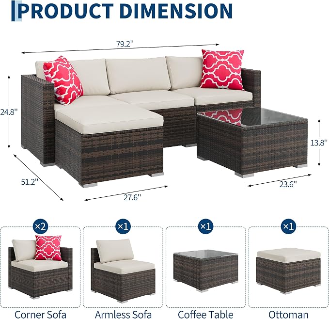 PeakPursuit Outdoor Patio Furniture Set, 5 Pieces Rattan Patio Conversation Sets with Glass Coffee Table and Cushion,All Weather Outdoor Patio Sofa for Garden, Poolside, Backyard,White