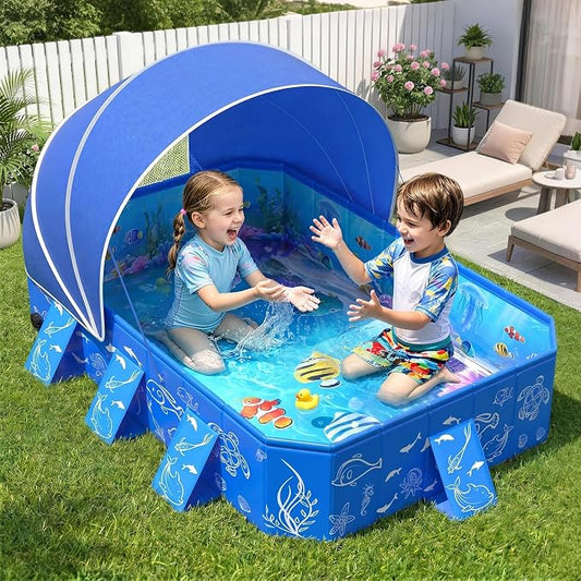 FizZeal Kiddie Pool with Canopy,Baby Swimming Pool for Toddler,Non-Inflatable Portable Pool for Kid,Foldable Toddler Pool with Shade,Kids Pool for Backyard.Outdoor Pop Up Kiddie Beach Pool 50"x37"x30'