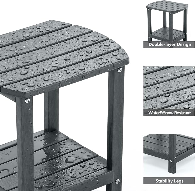 Adirondack Small Outdoor Side Table - Weatherproof HDPE Patio End Table with 2-Tier Storage for Firepit, Balcony, Garden, Poolside or Bathroom (Grey, Set of 1)