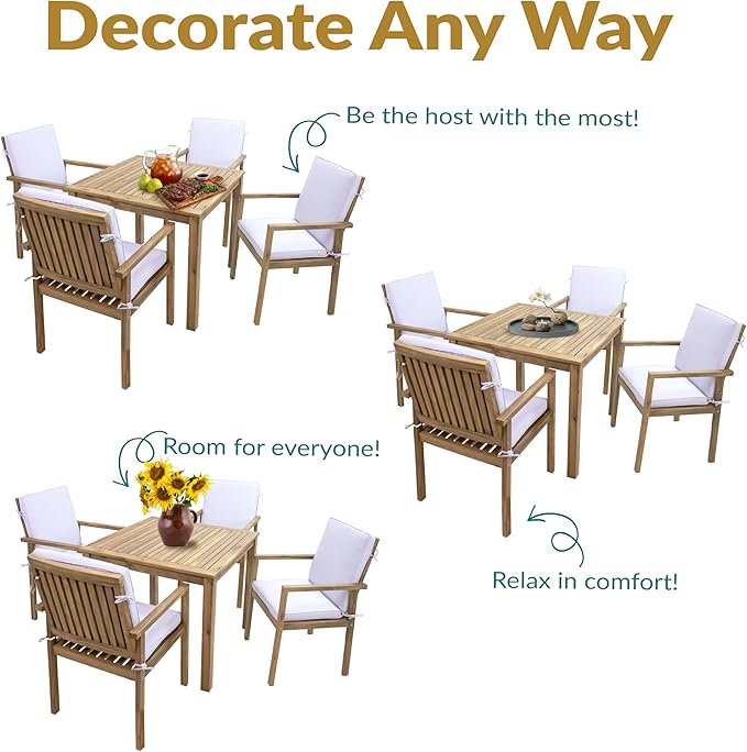 Sunnydaze 5-Piece Outdoor Dining Set - Rodanthe Outdoor Table and Chairs for Patio - Acacia Wood Patio Dining Set for 4 - Cushions Included