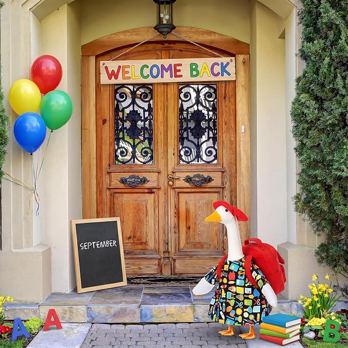 FuWeave Back to School Porch Goose Outfit Set for Plastic Statue Lawn Porch Goose Clothes with Schoolbag for Patio Decor