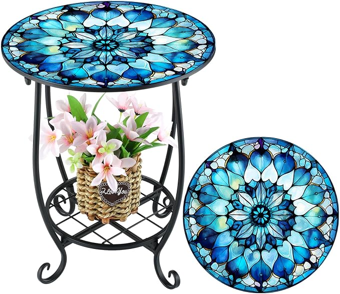 Cinnvoice Outdoor Side Table Round Small Mosaic Patio Accent Indoor End Plant Coffee Tea Table for Yard Patio Porch Garden Living Room, Bedroom(Mandala Style,12 Inch)