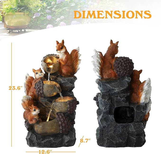 Outdoor/Indoor Water Fountain with LED Lights and Pump, 4-Tiers Cascading Pinecone Bowls Garden Fountains Waterfall with Squirrels Design, Freestanding Resin Fountain for Patio, Garden, Porch