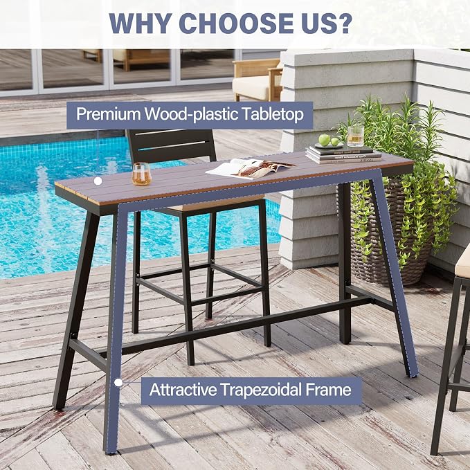 Crestlive Products Outdoor Bar Table, Patio Pub Table, 55'' Patio Bar Height Table with Weather Resistant Waterproof Top for Balcony, Bistro, Garden, Backyard, Poolside, Indoor (Brown)