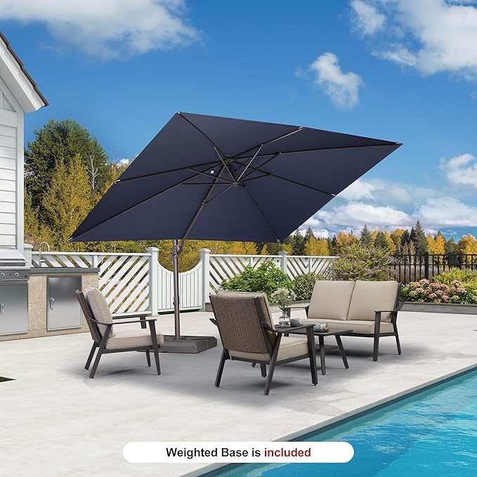 PURPLE LEAF 9' X 11.5' Rectangle Cantilever Umbrella with Base Patio Umbrella Outdoor Aluminum Antique Bronze Offset Hanging Umbrella with 360-degree Rotation for Pool Garden Backyard Deck, Navy Blue