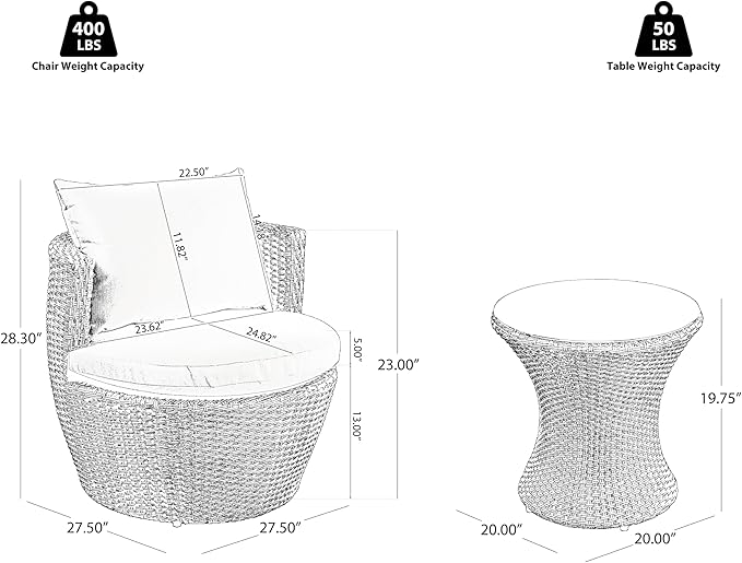 Merax Patio Furniture Set of 3, Outdoor PE Rattan Wicker Chairs with Cushion & Glass Coffee Table for Balcony Garden Front Porch, Patio Conversation Sets for 2, Sturdy Aluminum Frame, Brown+Beige