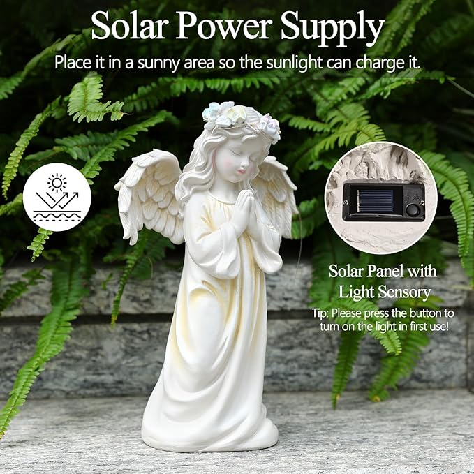 Angel Garden Statue, Memory Guardian Solar Decor with Warm Light | Waterproof Outdoor Garden Decor Praying Angel Figurine Sculpture for Lawn Yard Patio, Sympathy Present, White
