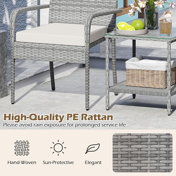 Tangkula 3 Pieces Patio Furniture Set, PE Rattan Outdoor Cushioned Conversation Chairs with 2-Tier Tempered Glass Tabletop Table, for Balcony, Garden and Poolside