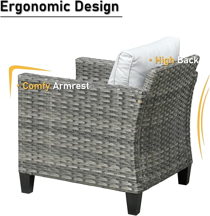 HOOOWOOO Wicker Patio Conversation Sets,7 Piece Outdoor Furniture Set with Ottoman,All Weather Resistant Modern Outside Out Door Rattan Couch Chairs Set,Light Gray