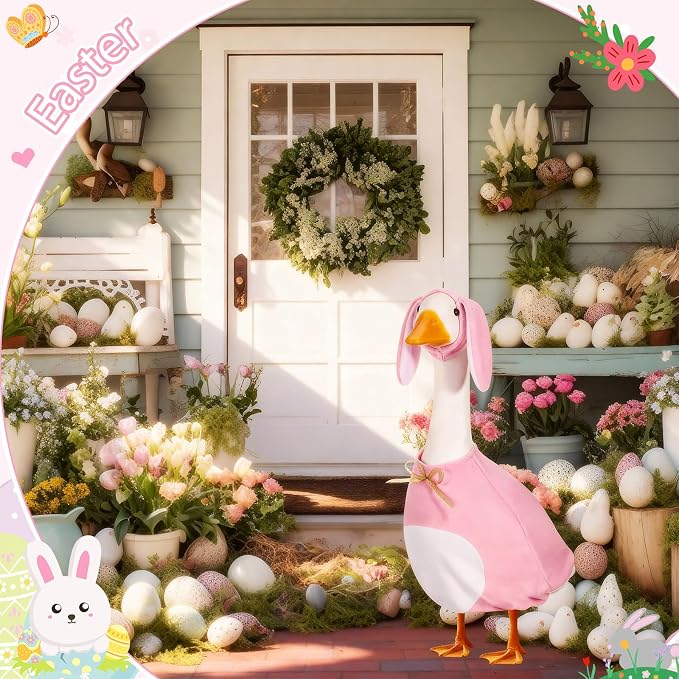 FuWeave Easter Bunny Goose Outfit for 23" Goose Costume for Cement Plastic Porch Geese Statue Spring Outdoor Garden Yard Patio Decoration, Pink