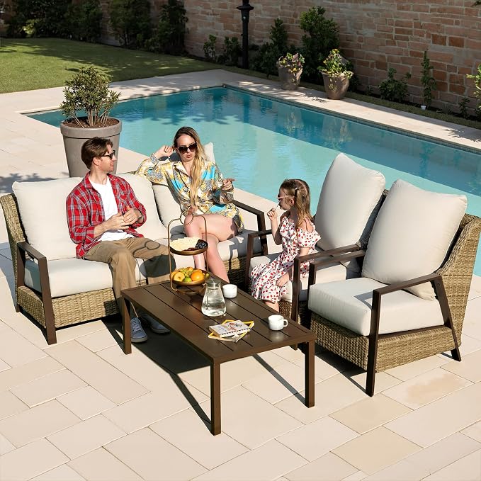 4 Piece Outdoor Patio Furniture Set, All-Weather Wicker Conversation Set with 4.72" Thick Olefin Cushions - 3-Seat Sofa, 2 Armchairs and Coffee Table for Backyard Deck Porch, Balcony, Beige