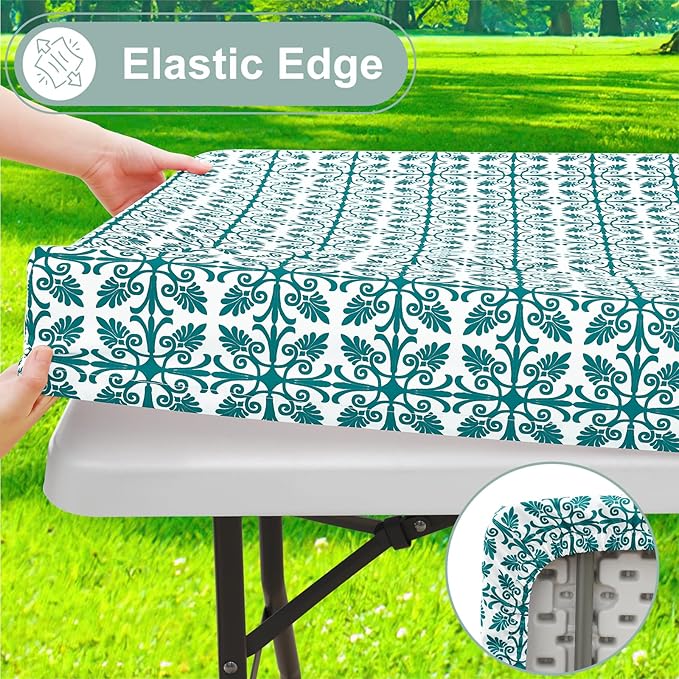 misaya Picnic Table Cover with Bench Cover, Waterproof Elastic Fitted Tablecloth for 6 Foot Tables, Rectangle Washable Polyester Tablecloths for Picnic, Camping, Outdoor (Turquoise, 30" x 72")