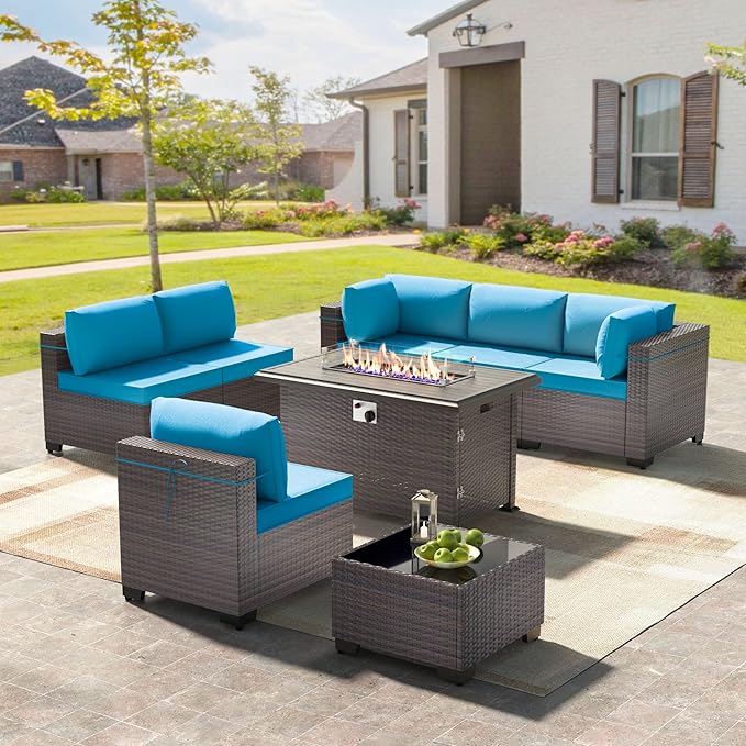 8 Pieces Outdoor Patio Furniture Sets w/55000 BTU Propane Fire Pit Table,Wicker Conversation Sofa,Includes 6 All-Weather High Back PE Rattan Seating Components w/Coffee Table&Gas Fire Pit,Blue