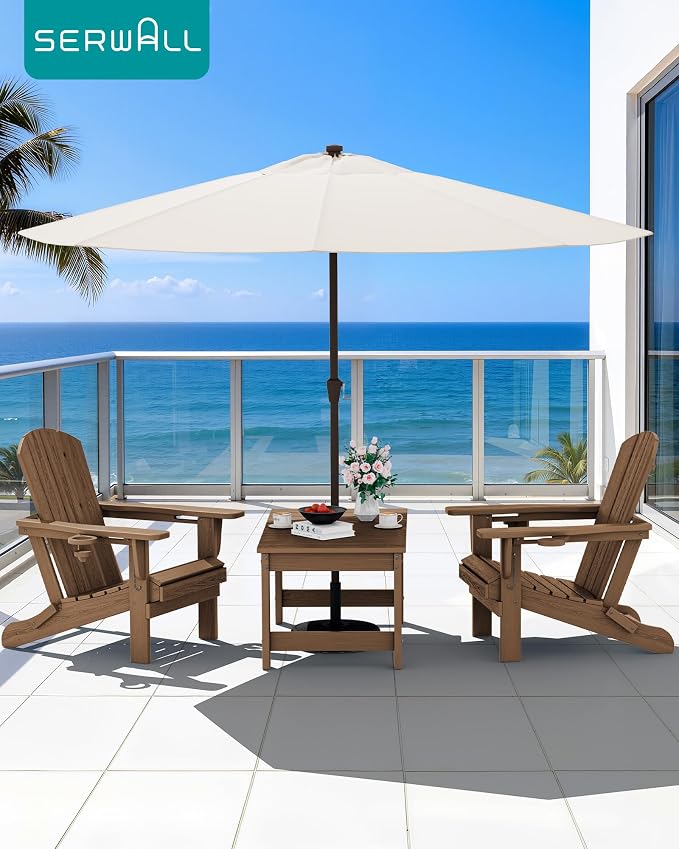 SERWALL Outdoor Coffee Table with 9FT Umbrella, HDPE Patio Coffee Table for Outside, Rectangle, Brown(Not Include Umbrella Base)