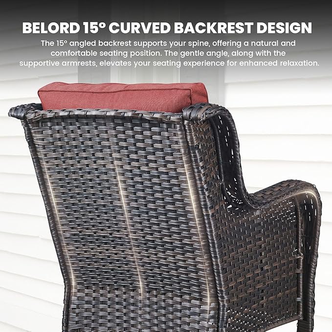 Belord High Back Patio Chairs Set of 2 - Brown Wicker Outdoor Seating, 4" Wide Armrests Rattan Outdoor Club Chairs with Red Removable Cushion for Deck Porch Backyard