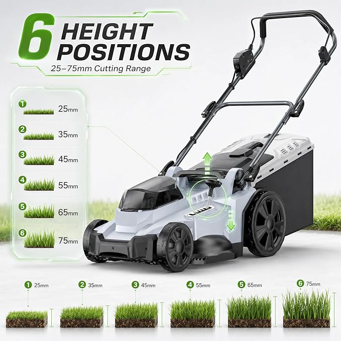 40V Cordless Lawn Mower, 17" Walk Behind Electric 4.0 Ah Battery Powered Lawnmower, with 50L Grass Bag, Brushless Motor, 6 Adjustable Cutting Heights, for Garden/Patio/Yark/Lawn - White
