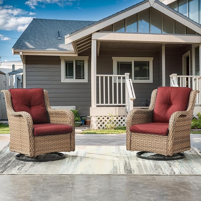 Outdoor Swivel Rocker Patio Chairs-Wicker Patio Swivel Chairs Set of 2 PE Rattan Patio Furniture for Porch Deck Balcony Garden-Yellow/Red