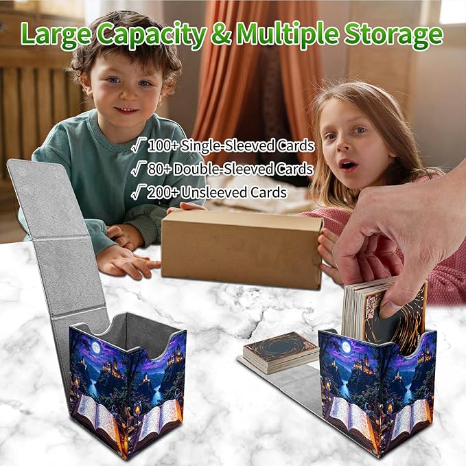 Castle Book Purple Card Deck Box for MTG, Personalized Card Storage Case Fits 120+ Sleeved Cards, Premium Leather TCG Box with Strong Magnetic Closure for Magic, CCG, PTCG, Baseball Cards