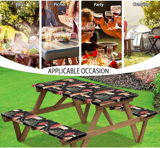 Mushroom Picnic Table Cover with Bench Covers Foldable Outdoor Camping Tablecloth Dustproof Elastic Waterproof Picnic Table Cover 3 Piece Set Suitable for BBQ Picnic Party Camping