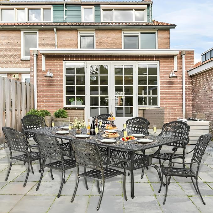 9-Piece Patio Cast Aluminum Dining Set, Outdoor Table and Chairs Set for 8, Includes 94.5" Rectangular Dining Table and 8 Chairs with Umbrella Hole, Patio Furniture Set for Lawn Garden