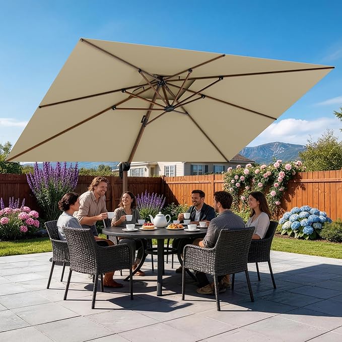 GENTEACO 10x13FT Rectangle Cantilever Patio Umbrella w/Base Included, Deluxe Wood Pattern Pole & 7 Angle Tilts, 360° Rotation, Offset Hanging Market Umbrellas for Garden Pool Patio, Beige