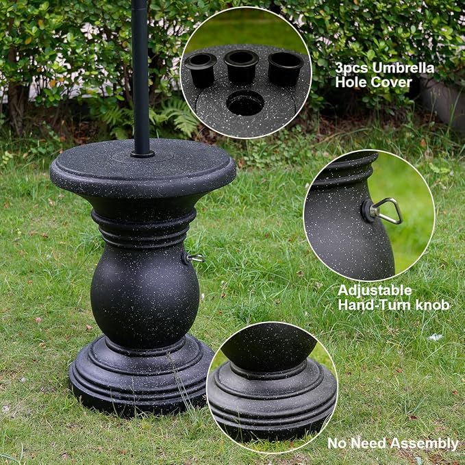 Outdoor Patio Umbrella Side Tables, Heavy Duty Table with Umbrella Hole for Porch, Umbrella Stand Base with Hand-Turn Tightening Knob, Garden Coffee Table, Black
