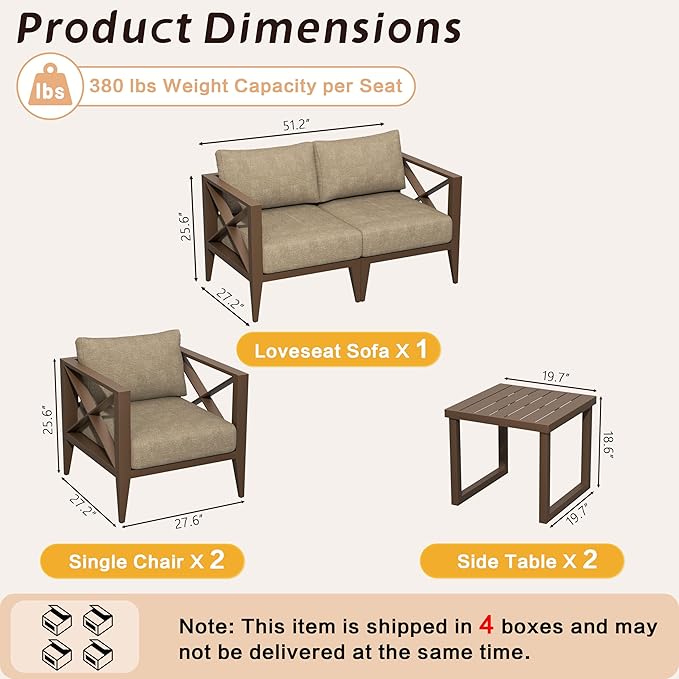 MBY 6-Piece Oversized Aluminum Patio Furniture Set–Brown Outdoor Conversation Sofa Set with Coffee Table, Deep Seating, Rust-Proof, All-Weather for Backyard, Deck, Balcony